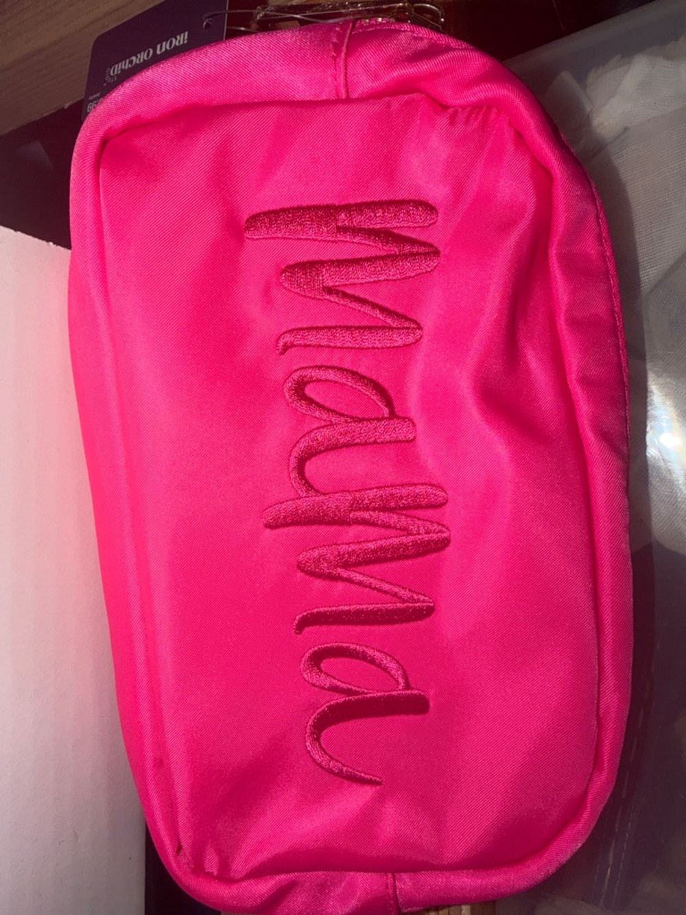 Hot Pink Makeup Cosmetic Bag with‎ Embroidered Script